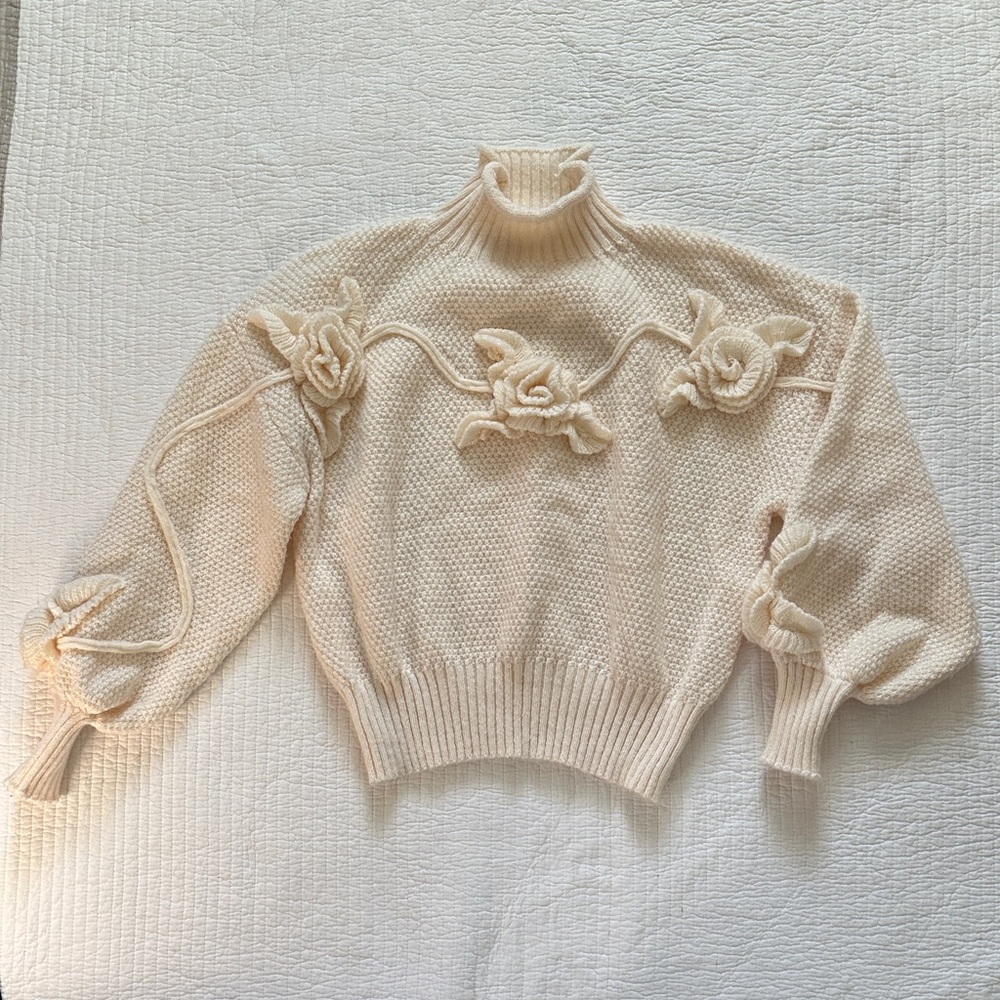 Chic Cream Turtleneck Sweater with Floral Accents